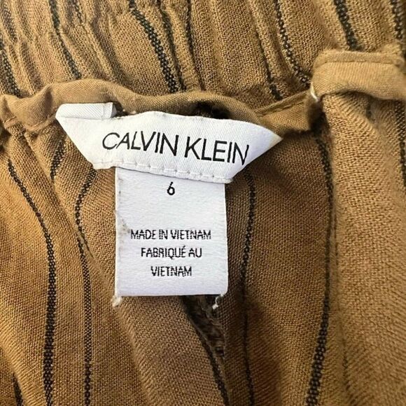 Calvin Klein Linen Brown Pinstriped Elastic Waist Tie Wide Leg Cropped Pants 6 - Picture 8 of 12